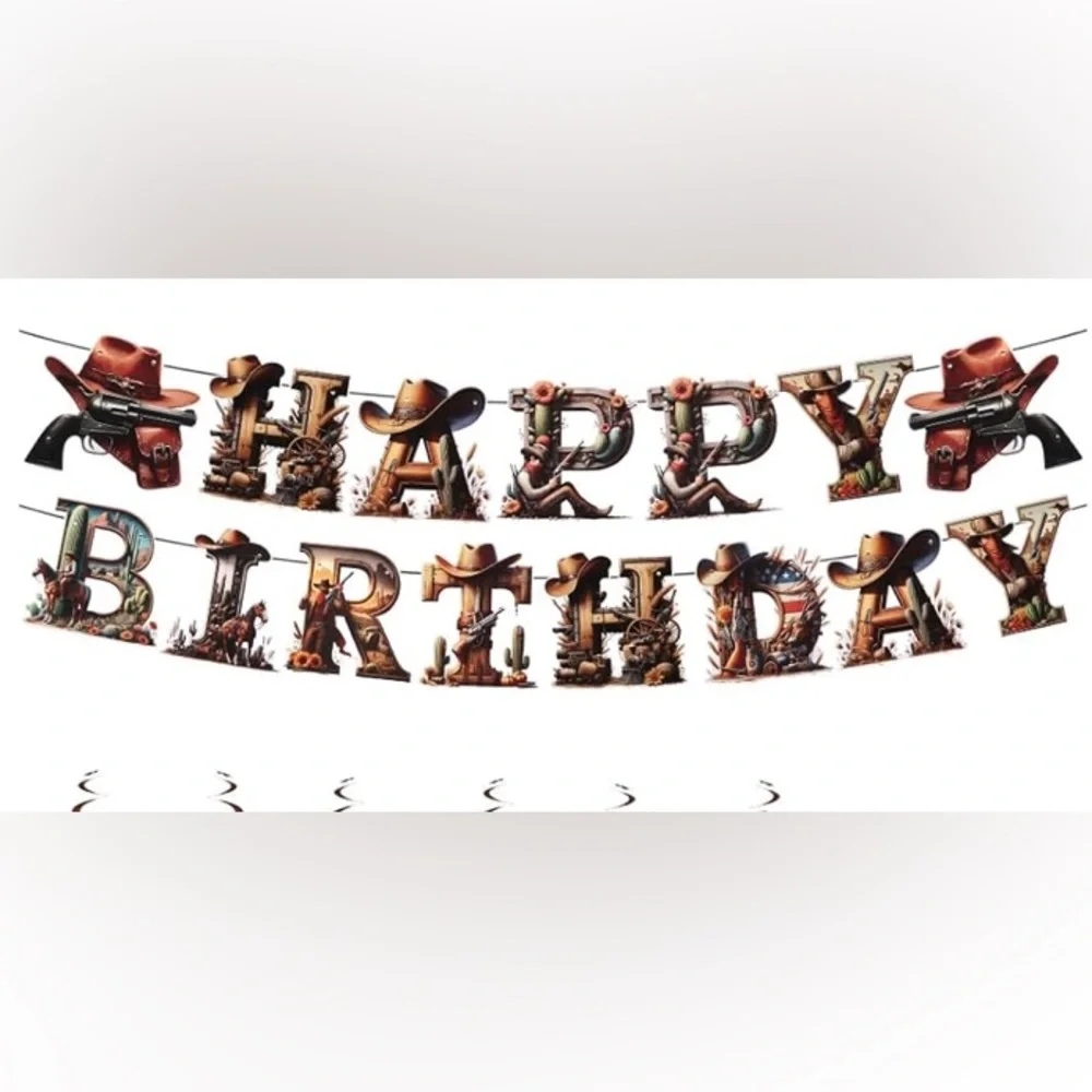 Western Happy Birthday Cowboy Party- Include ,2 Banners 6 Hanging Swirls,